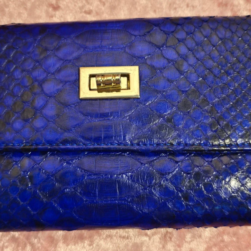 Electric Blue Snakeskin Python Trifold Wallet Gold Turn Lock Closure Luxury